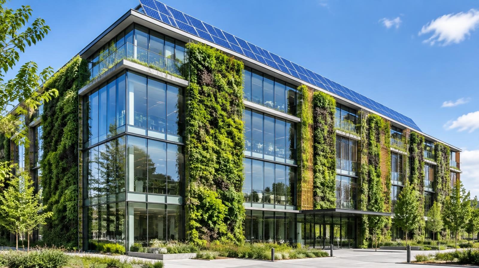 Edificio moderno de vidrio con jardines verticales y paneles solares en la cubierta