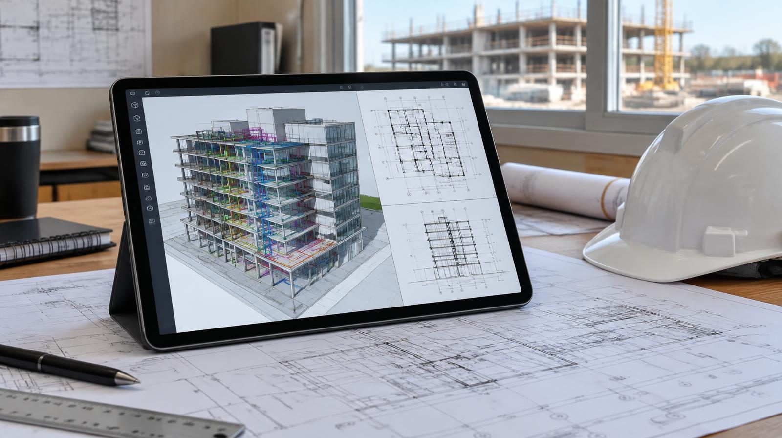 Tablet con un modelo BIM 3D y planos digitales sobre una mesa de obra junto a un casco de seguridad
